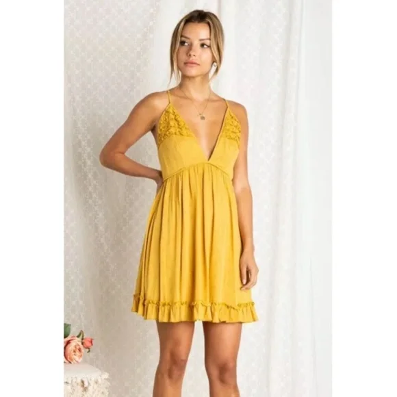 SOLD OUT Mustard Swiss Polka Dot Ruffle V-Neck Mini Dress - Picture 4 of 6